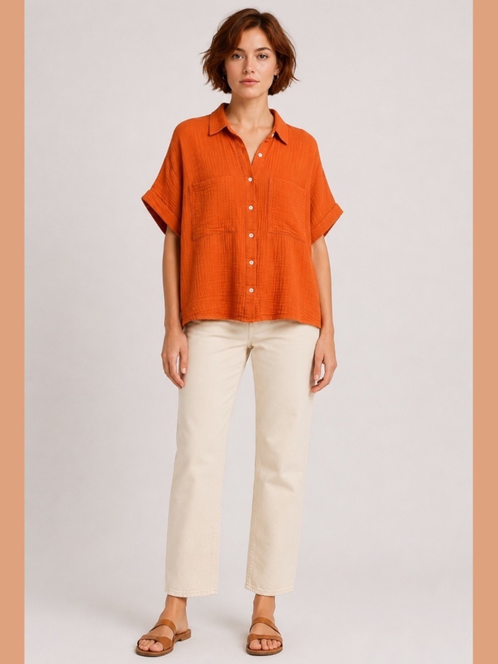 SUNDANCE 100% Cotton Textured Gauze Full Button Front Boxy Short Sleeve Top XL